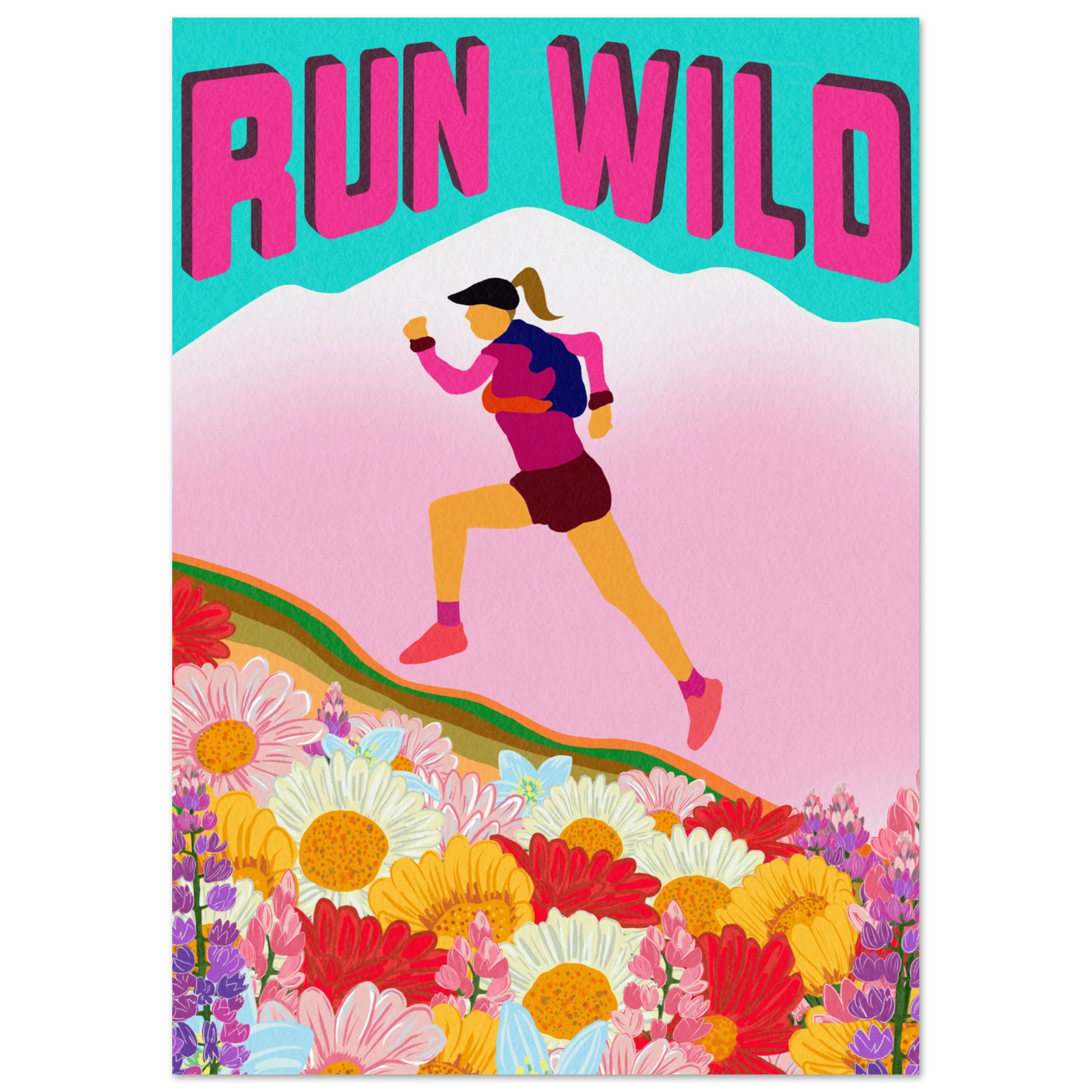 Run Wild fine art print featuring inspiring trail running mountain landscape, perfect motivational poster for runners and outdoor enthusiasts