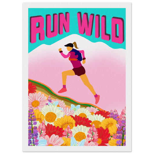 Run Wild framed poster featuring inspiring trail running mountain landscape art with premium matte paper and wooden frame, ready to hang motivational art for runners