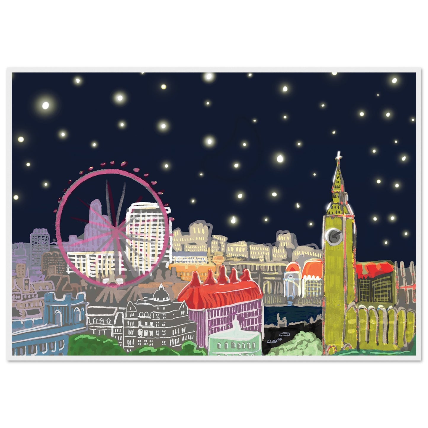 Starry London Skies art print showing iconic London landmarks under a magical starry night sky in wooden frame