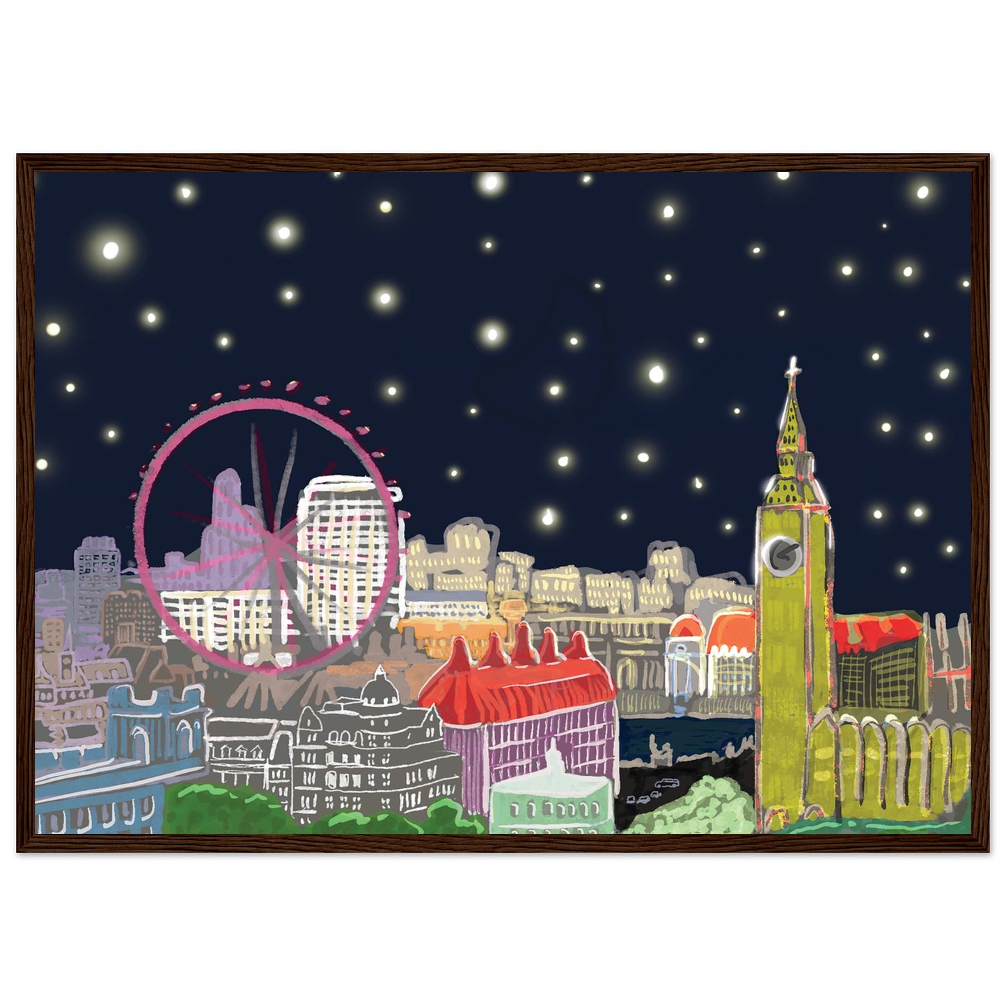 Starry London Skies art print showing iconic London landmarks under a magical starry night sky in wooden frame