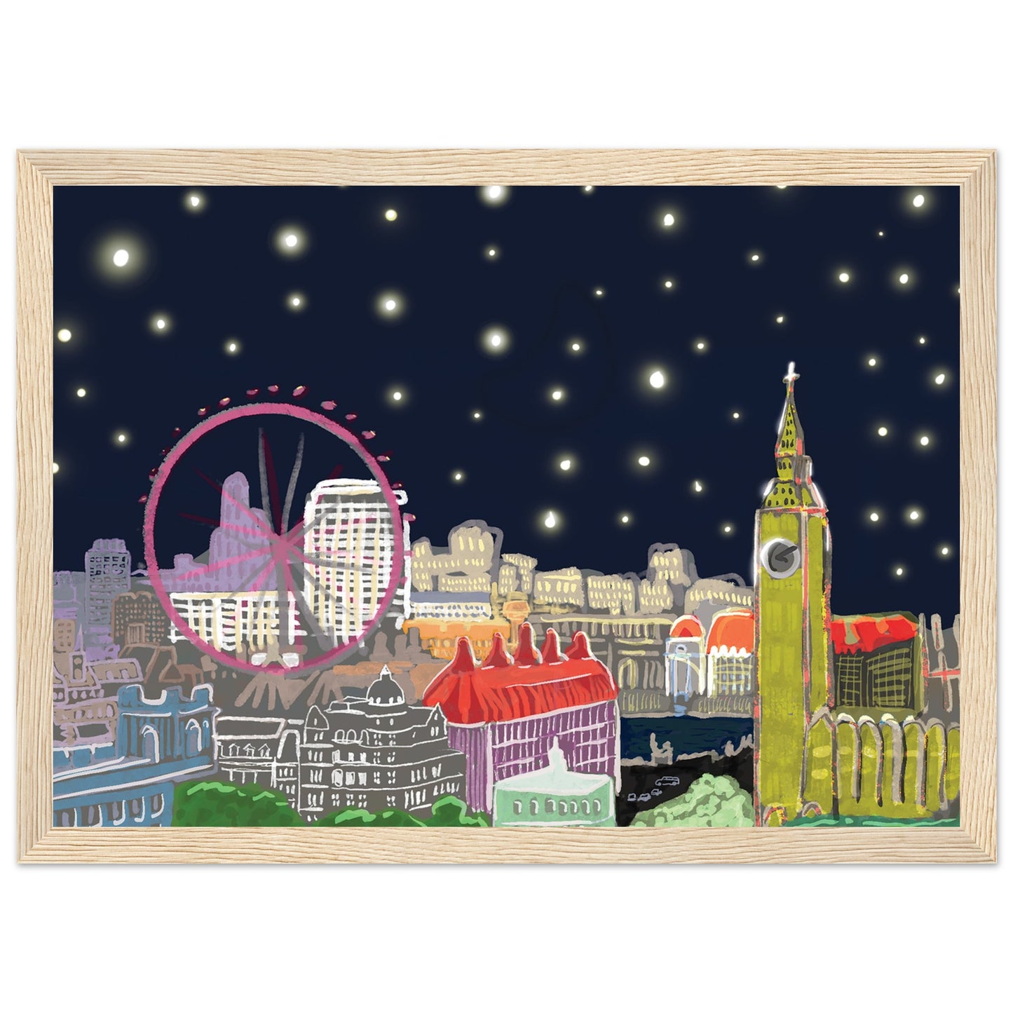 Starry London Skies art print showing iconic London landmarks under a magical starry night sky in wooden frame