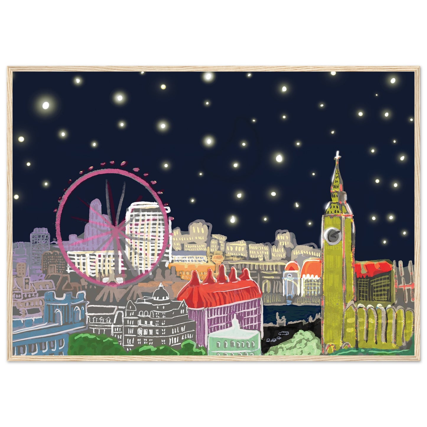Starry London Skies art print showing iconic London landmarks under a magical starry night sky in wooden frame
