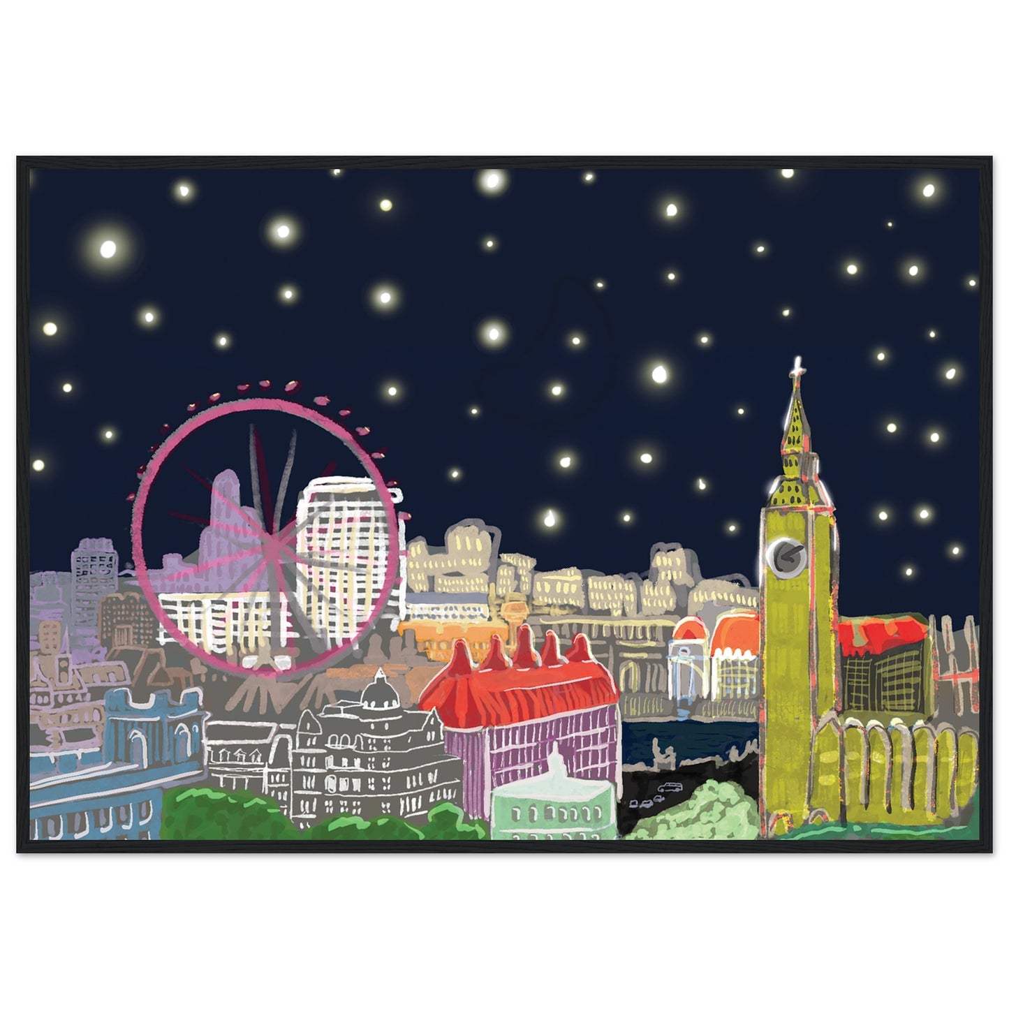 Starry London Skies art print showing iconic London landmarks under a magical starry night sky in wooden frame