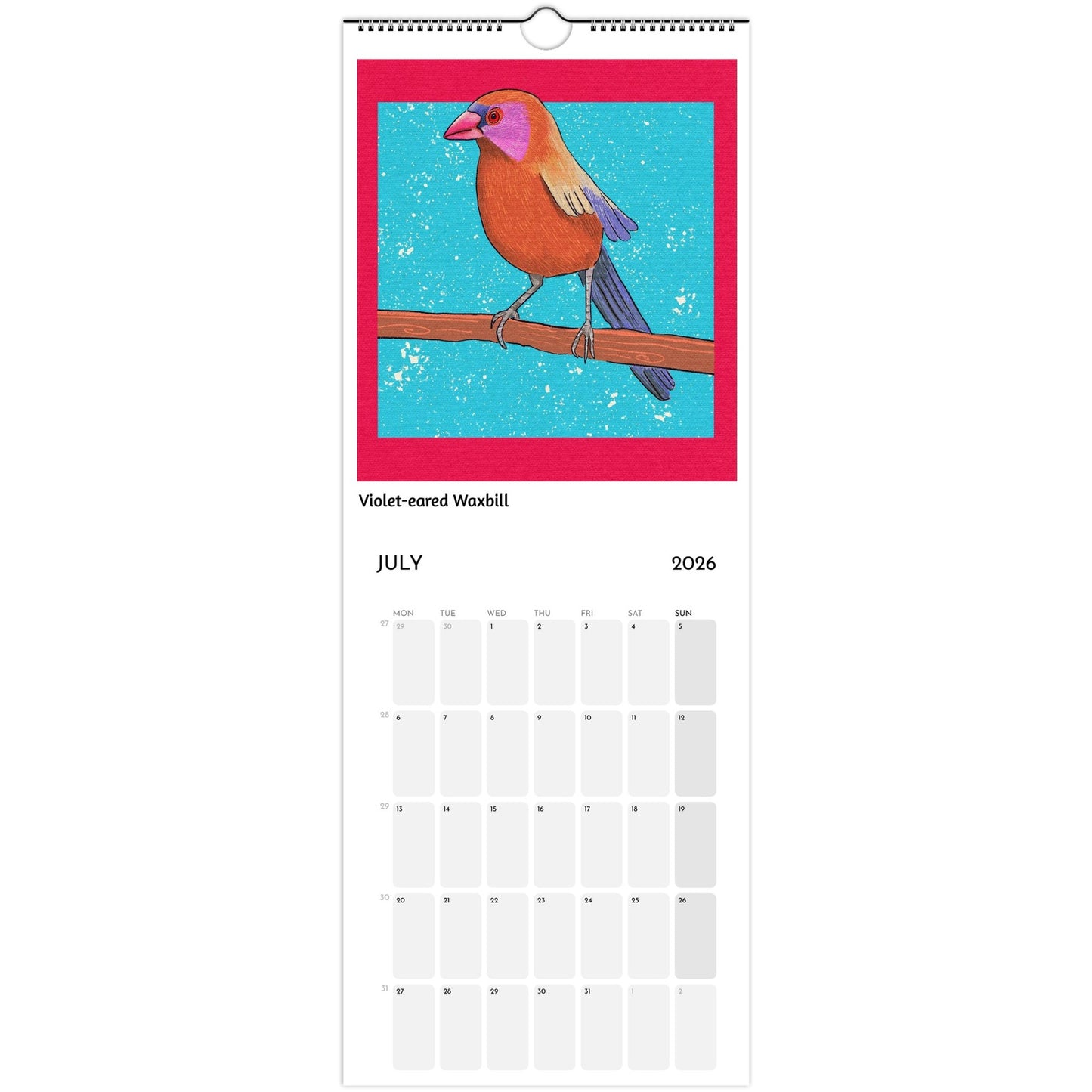 Bird Calendar 2026 showing Violet-eared Waxbill illustration